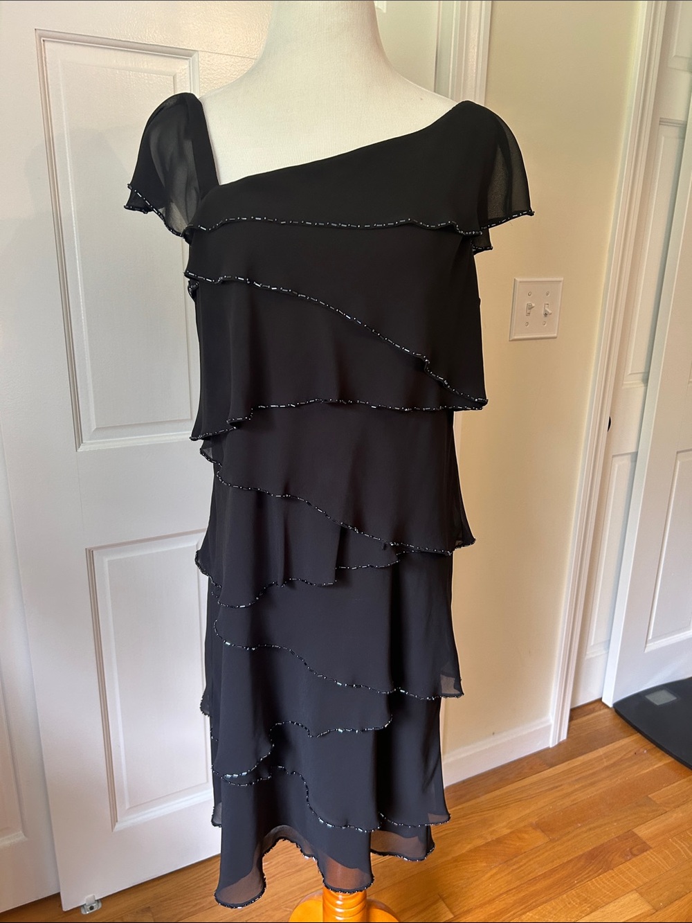 Patra Black One-Shoulder asymmetrical neck line, Ruffle Tiered Evening Dress